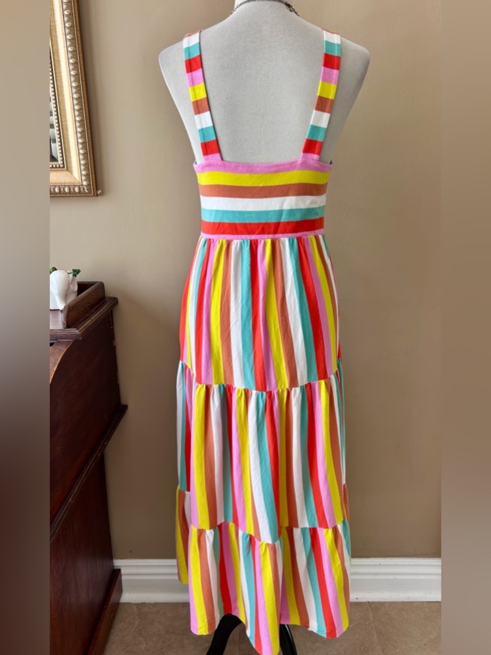 J Crew Tiered Maxi Dress in Rainbow Stripe Square Neck Knit Jersey Size Small S - Picture 6 of 16
